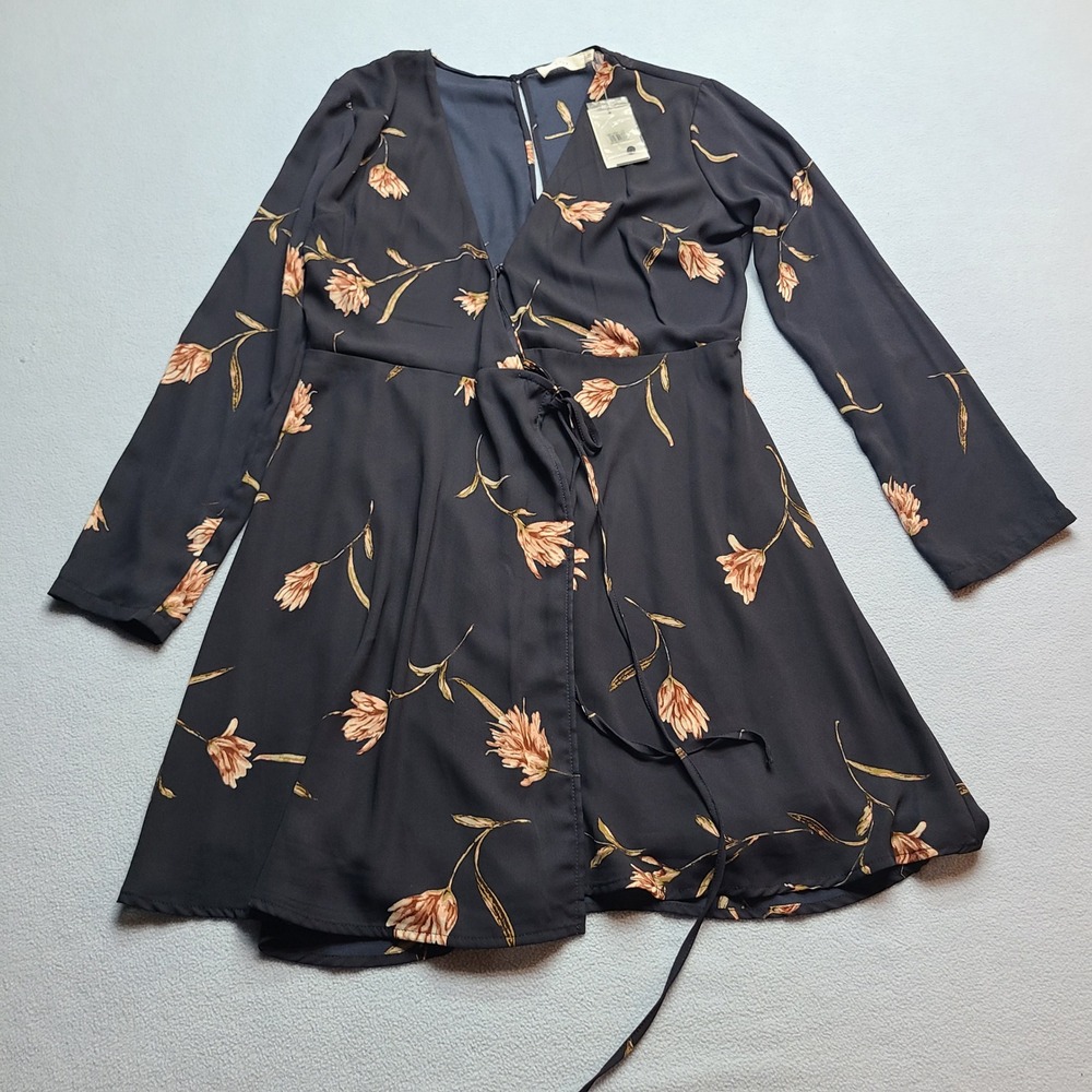 Lush Wrap Mini Dress Womens S Black New Floral Long Sleeve V-Neck